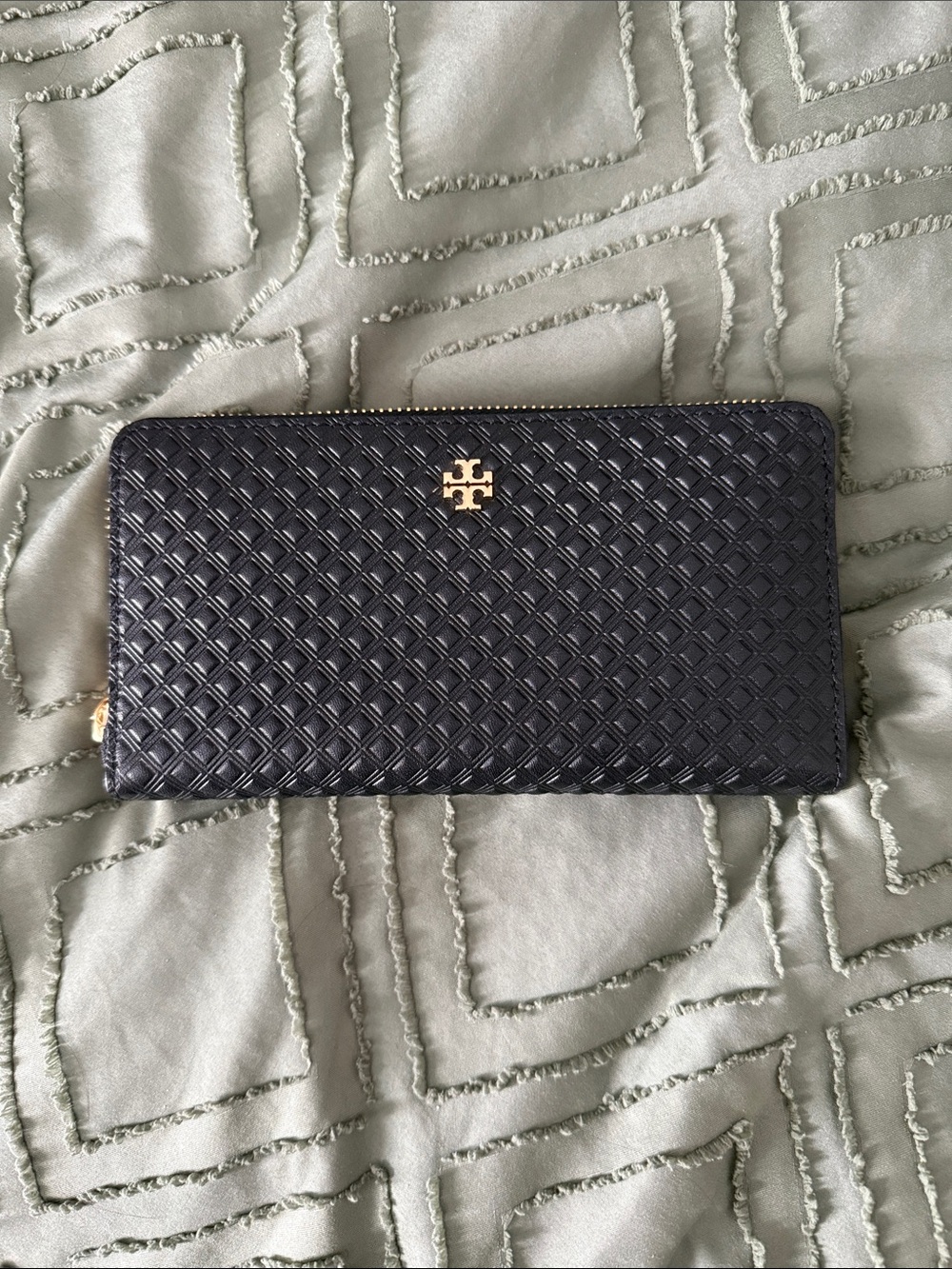 Tory Burch Black Quilted Zip-Around Wallet with Gold Logo
